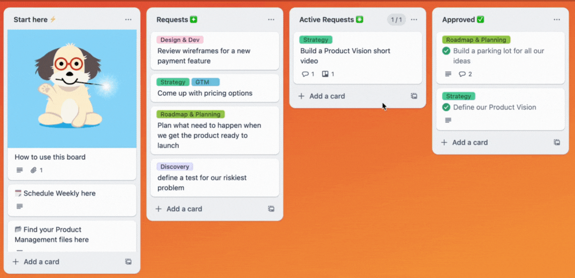 A Trello board showing product management requests moving across columns